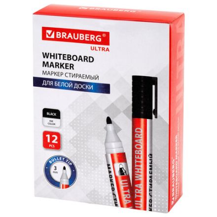 Маркер стираемый для белой доски ЧЕРНЫЙ, BRAUBERG "ULTRA WHITEBOARD MARKER", 3 мм, с клипом, 152634
