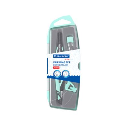 Готовальня BRAUBERG ULTRA, 4 предмета: циркуль 135 мм, запасной грифель, насадка, мятный цвет, 210824