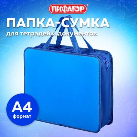 Папка на молнии с ручками ПИФАГОР, А4, 1 отделение, пластик, 75 мм, синяя, 228233