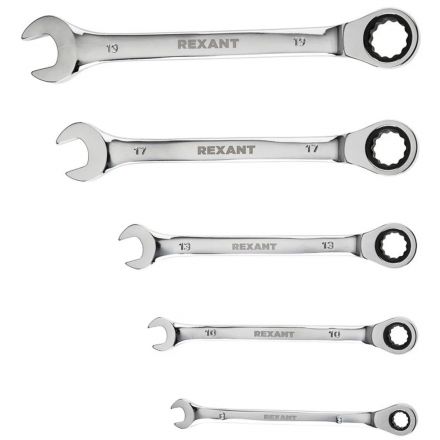 Набор ключей комбинир. трещ. 5шт.(8-19мм) CrV, зерк. хром. REXANT 12-4841-1