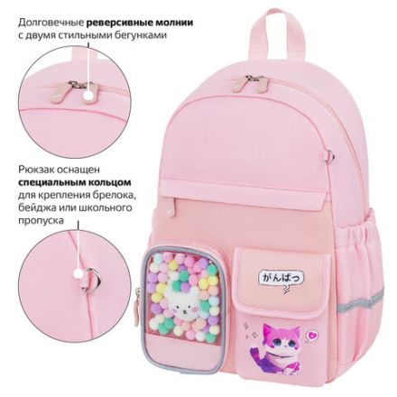 Рюкзак BRAUBERG PASTEL с термонашивками в комплекте, "Anime kitten", персиковый, 40х29х14 см, 272065 Рюкзак BRAUBERG PASTEL с термонашивками в комплекте, "Anime kitten", персиковый, 40х29х14 см, 272065