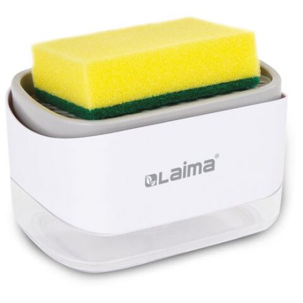 Диспенсер/дозатор для моющего средства, органайзер + губка, БЕЛЫЙ, 14,5х9х10 см, LAIMA HOME, 700041