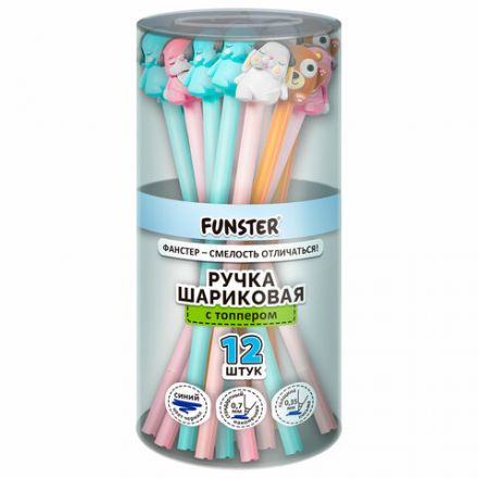 Ручка с топпером шариковая масляная FUNSTER (ФАНСТЕР) "TOPPER MIX", СИНЯЯ, корпус ассорти, пишущий узел 0,7 мм, линия письма 0,35 мм, 144368