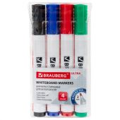 Маркеры стираемые для белой доски, НАБОР 4 ЦВЕТА, BRAUBERG "ULTRA WHITEBOARD MARKER", 3 мм, 152635