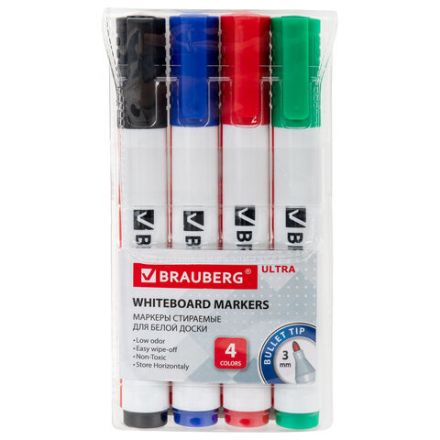 Маркеры стираемые для белой доски, НАБОР 4 ЦВЕТА, BRAUBERG "ULTRA WHITEBOARD MARKER", 3 мм, 152635