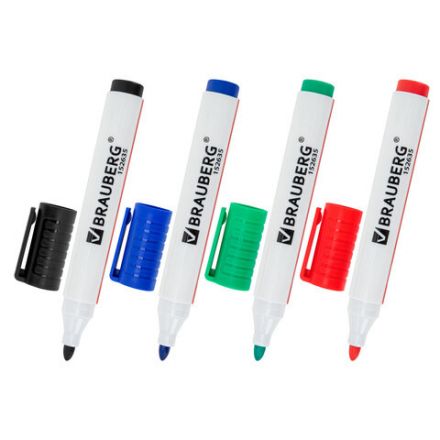 Маркеры стираемые для белой доски, НАБОР 4 ЦВЕТА, BRAUBERG "ULTRA WHITEBOARD MARKER", 3 мм, 152635