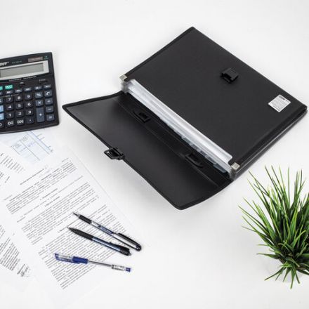 Папка-портфель пластиковая BRAUBERG "ДИПЛОМАТ", А4 (330х245х35 мм), 13 отделений, фактура бисер, черная, 226025
