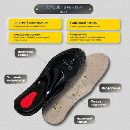 Стельки для обуви из натуральной кожи c СУПИНАТОРОМ, размер RU 39-45 / EU 40-46, с линиями выреза, SHEGRA (ШЕГРА), 700760