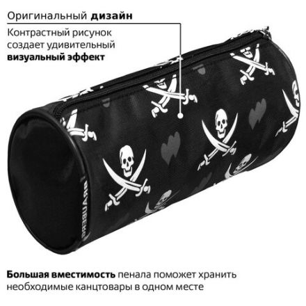 Пенал-косметичка BRAUBERG для учеников начальной школы, черный, "Пираты", 20х7х7 см, 223273