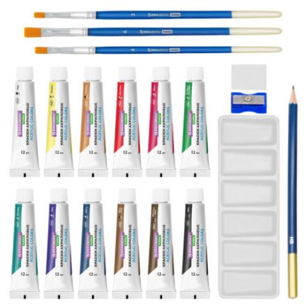 Краски акриловые художественные 12 цветов в тубах по 12 мл, кисти 3 шт., палитра, аксессуары, 19 предметов, BRAUBERG HOBBY, 192543