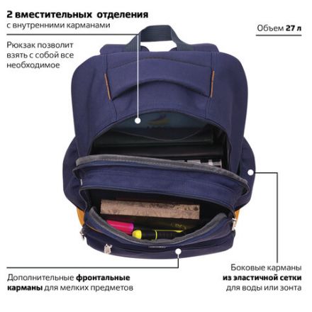 Рюкзак BRAUBERG STATES универсальный, карман-антивор, "Bronx", темно-синий, 46х31х14 см, 226349