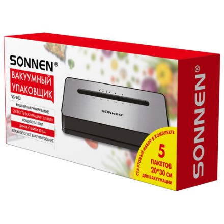 Вакууматор/вакуумный упаковщик SONNEN VS-903, 5 режимов, 12 л/мин, 110 Вт, до 30 см, сухие/влажные продукты, 456339