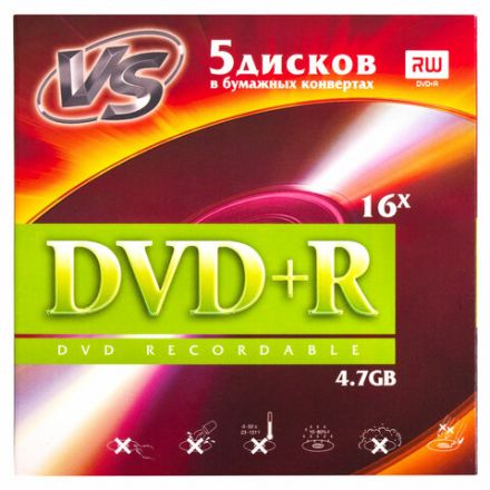 Диск DVD+R (плюс) VS, 4,7 Гб, 16х, бумажный конверт, КОМПЛЕКТ 5 шт., VSDVDPRK501