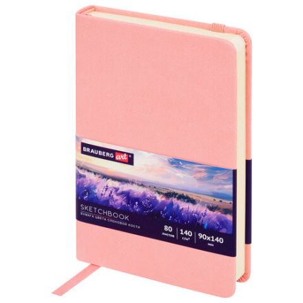 Скетчбук, слоновая кость 140 г/м2 90х140 мм, 80 л., КОЖЗАМ, резинка, BRAUBERG ART CLASSIC, пастель розовый, 116874