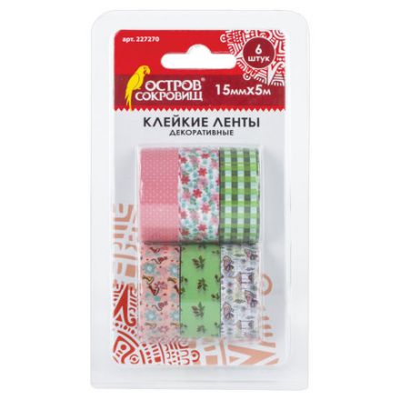 Клейкие ленты 15 мм х 5 м, декоративные, ОСТРОВ СОКРОВИЩ, комплект 6 шт., ассорти №1, блистер, 227270 Клейкие ленты 15 мм х 5 м, декоративные, ОСТРОВ СОКРОВИЩ, комплект 6 шт., ассорти №1, блистер, 227270