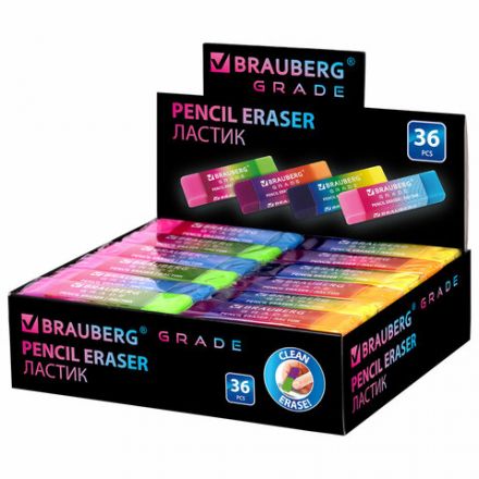 Ластик полупрозрачный BRAUBERG "Grade", 60x15x10 мм, картонный держатель, цвет ассорти, 271997