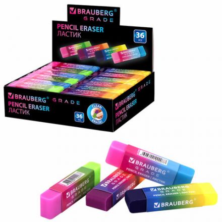 Ластик полупрозрачный BRAUBERG "Grade", 60x15x10 мм, картонный держатель, цвет ассорти, 271997