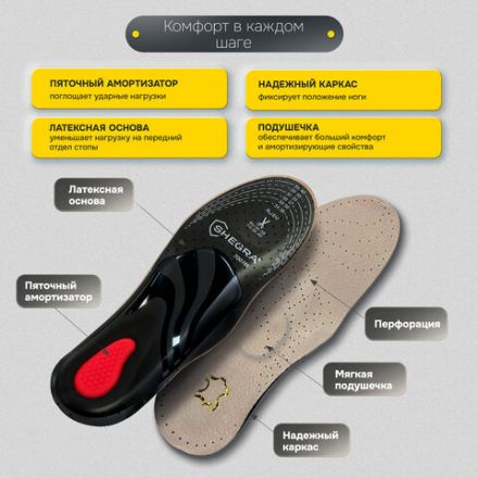 Стельки для обуви из натуральной кожи c СУПИНАТОРОМ, размер RU 34-39 / EU 35-40, с линиями выреза, SHEGRA (ШЕГРА), 700761