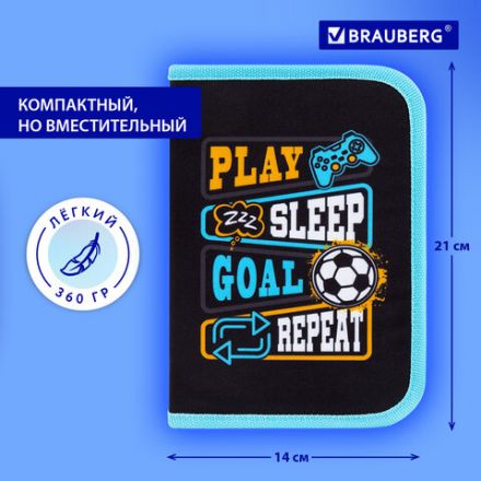 Пенал BRAUBERG с наполнением, 1 отделение, 1 откидная планка, 24 предмета, 21х14 см, "Play sleep repeat", 272353