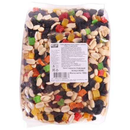 Орехи и сухофрукты WELDAY (ВЭЛДЭЙ) "Смесь студенческая", арахис, цукаты, изюм, 1 кг, 622482