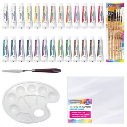 Краски акриловые художественные 26 шт. по 12 мл, холсты 3 шт., кисти 6 шт., аксессуары, 37 предметов, BRAUBERG HOBBY, 192544