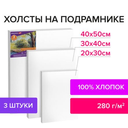 Холсты на подрамнике BRAUBERG ART DEBUT, НАБОР 3 шт., 280 г/м2, грунт, 100% хлопок, мелкое зерно, 191649