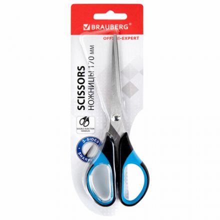 Ножницы BRAUBERG "Office-Expert" 170 мм, сине-черные, резиновые вставки, 3-х сторонняя заточка, 231561