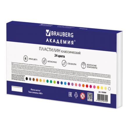 Пластилин классический BRAUBERG "АКАДЕМИЯ", 24 цвета, 480 г, со стеком, ВЫСШЕЕ КАЧЕСТВО, 105899