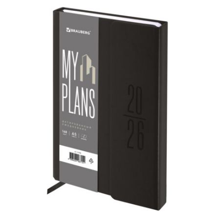 Ежедневник датированный 2026, А5, 138x213 мм, BRAUBERG "Towny", под кожу, клапан, черный, 117039