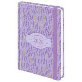 Ежедневник датированный 2026 с резинкой 145х203 мм, А5, BRAUBERG твердый, фольга, "Лаванда", 117344