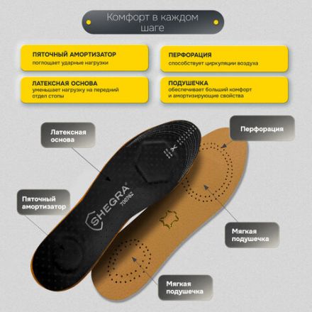Стельки для обуви из натуральной кожи с двумя амортизаторами, размер RU 39-45 / EU 40-46 с линиями выреза, SHEGRA (ШЕГРА), 700762 Стельки для обуви из натуральной кожи с двумя амортизаторами, размер RU 39-45 / EU 40-46 с линиями выреза, SHEGRA (ШЕГРА), 700762