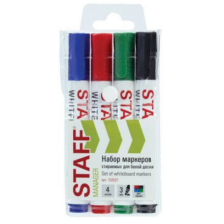 Маркеры стираемые для белой доски, НАБОР 4 ЦВЕТА, STAFF "MANAGER" WBM-300, 3 мм, с клипом, 152637