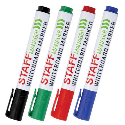 Маркеры стираемые для белой доски, НАБОР 4 ЦВЕТА, STAFF "MANAGER" WBM-300, 3 мм, с клипом, 152637