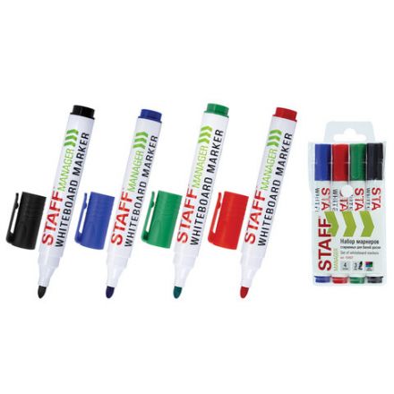 Маркеры стираемые для белой доски, НАБОР 4 ЦВЕТА, STAFF "MANAGER" WBM-300, 3 мм, с клипом, 152637