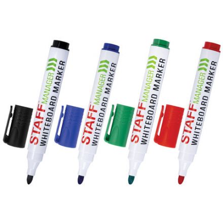 Маркеры стираемые для белой доски, НАБОР 4 ЦВЕТА, STAFF "MANAGER" WBM-300, 3 мм, с клипом, 152637
