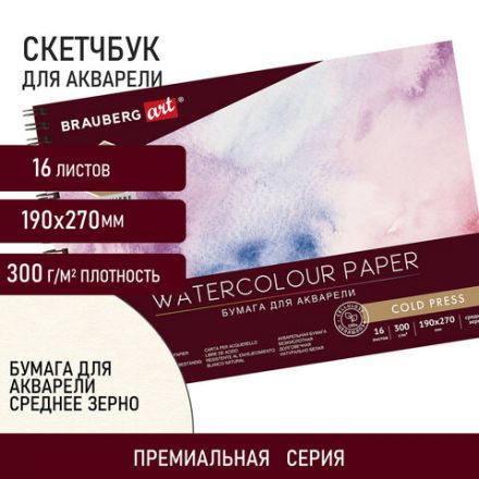 Альбом для акварели, бумага 300 г/м2, 190х270 мм, среднее зерно, 16 листов, гребень, BRAUBERG ART "PREMIERE", 113212 Альбом для акварели, бумага 300 г/м2, 190х270 мм, среднее зерно, 16 листов, гребень, BRAUBERG ART "PREMIERE", 113212