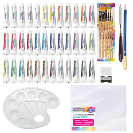 Краски акриловые художественные 36 шт. по 12 мл, холсты 3 шт., кисти 6 шт., аксессуары, 50 предметов, BRAUBERG HOBBY, 192545