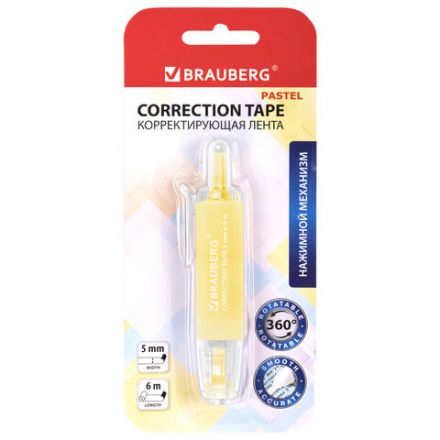 Корректирующая лента BRAUBERG PASTEL 360, 5 мм х 6 м, ассорти, автоматическая, блистер, 272662