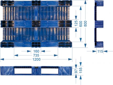 Паллет 1200x800х150 сплошной, на 3-х полозьях  серый