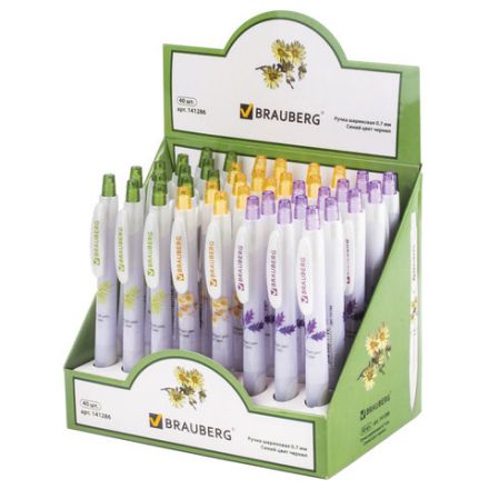 Ручка шариковая автоматическая с грипом BRAUBERG "Herb Time", СИНЯЯ, корпус ассорти, узел 0,7 мм, линия письма 0,35 мм, 141286