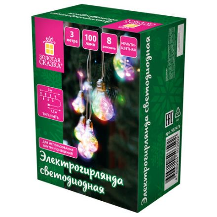 Электрогирлянда-нить комнатная "Лампочки", 3 м, 100 LED, мультицветная, 220 V, контроллер, ЗОЛОТАЯ СКАЗКА, 592473