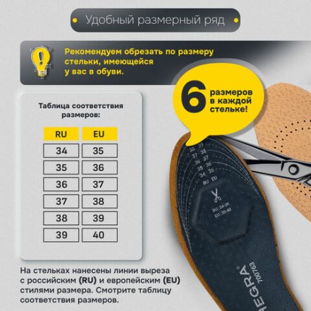 Стельки для обуви из натуральной кожи с двумя амортизаторами, размер RU 34-39 / EU 35-40 с линиями выреза, SHEGRA (ШЕГРА), 700763