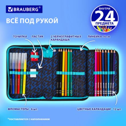 Пенал BRAUBERG с наполнением, 1 отделение, 1 откидная планка, 24 предмета, 21х14 см, "Anime fight", 272354