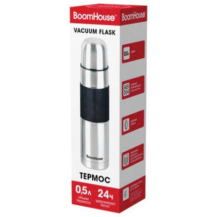 Термос 0,5 л, BOOMHOUSE (БУМХАУС) CLASSIC, нержавеющая сталь SUS304, черный силиконовый рукав, крышка/кружка, 700307