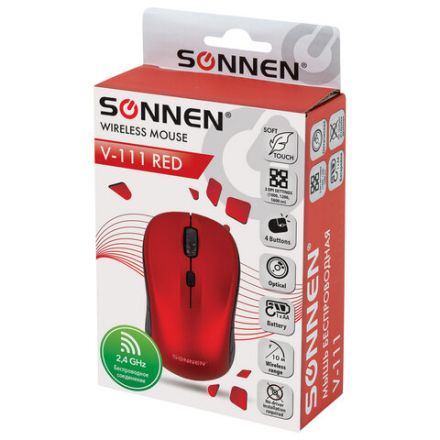 Мышь беспроводная SONNEN V-111, USB, 800/1200/1600 dpi, 4 кнопки, оптическая, красная, 513520 Мышь беспроводная SONNEN V-111, USB, 800/1200/1600 dpi, 4 кнопки, оптическая, красная, 513520