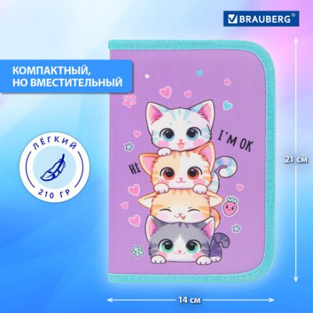 Пенал BRAUBERG, 1 отделение, 1 откидная планка, полиэстер, 21х14 см, "Funny kittens", 273523