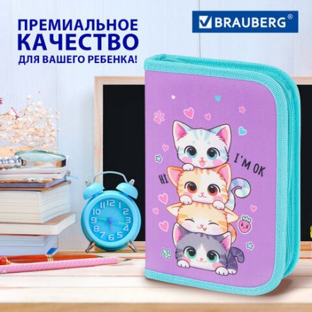 Пенал BRAUBERG, 1 отделение, 1 откидная планка, полиэстер, 21х14 см, "Funny kittens", 273523