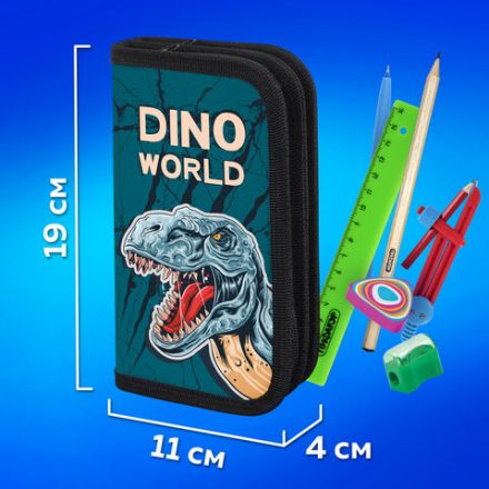 Пенал ПИФАГОР, 2 отделения, ламинированный картон, 19х11 см, "Dino world", 272249