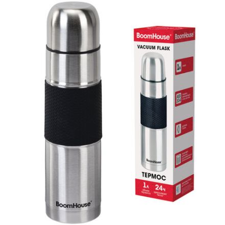 Термос 1 л, BOOMHOUSE (БУМХАУС) CLASSIC, нержавеющая сталь SUS304, черный силиконовый рукав, крышка/кружка, 700308