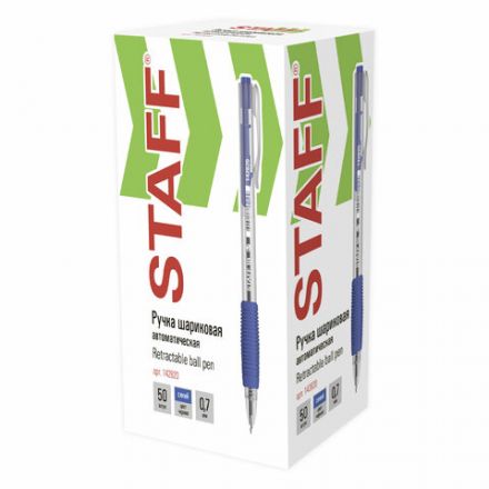 Ручка шариковая автоматическая с грипом STAFF "Basic" BPR-820, СИНЯЯ, узел 0,7 мм, линия письма 0,35 мм, 142820